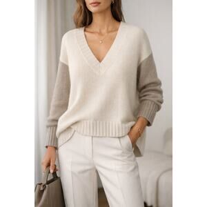 James Perse Cashmere Silk V-Neck Sweater Jumper Cream Neutral 0 XS Luxury